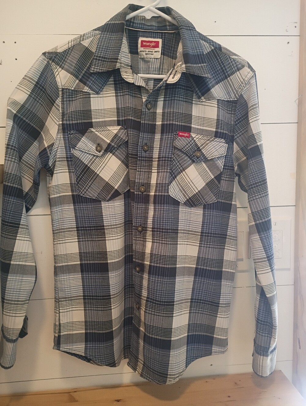 Wrangler Mens Houndstooth Plaid Western Long Sleeve Button Up Shirt Blue White